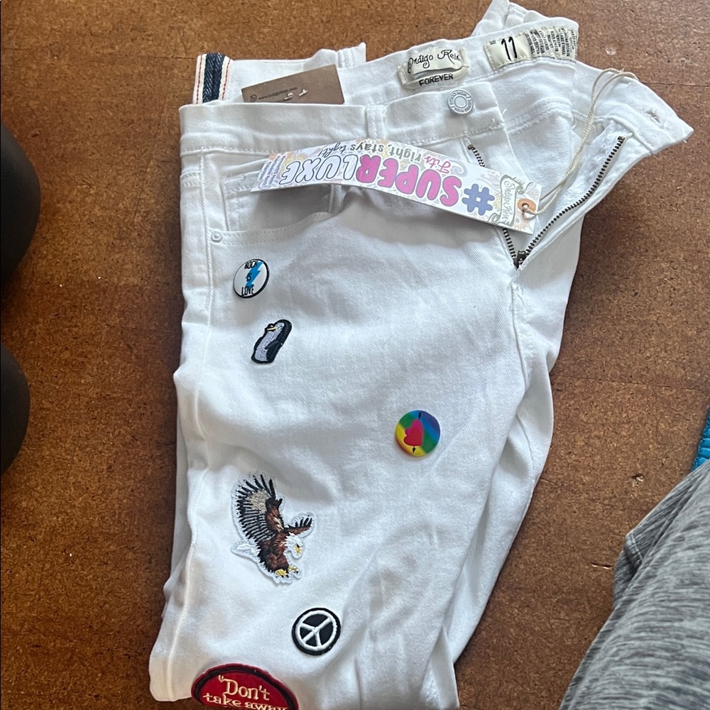Indigo Rein White Jeans with Colorful Patches